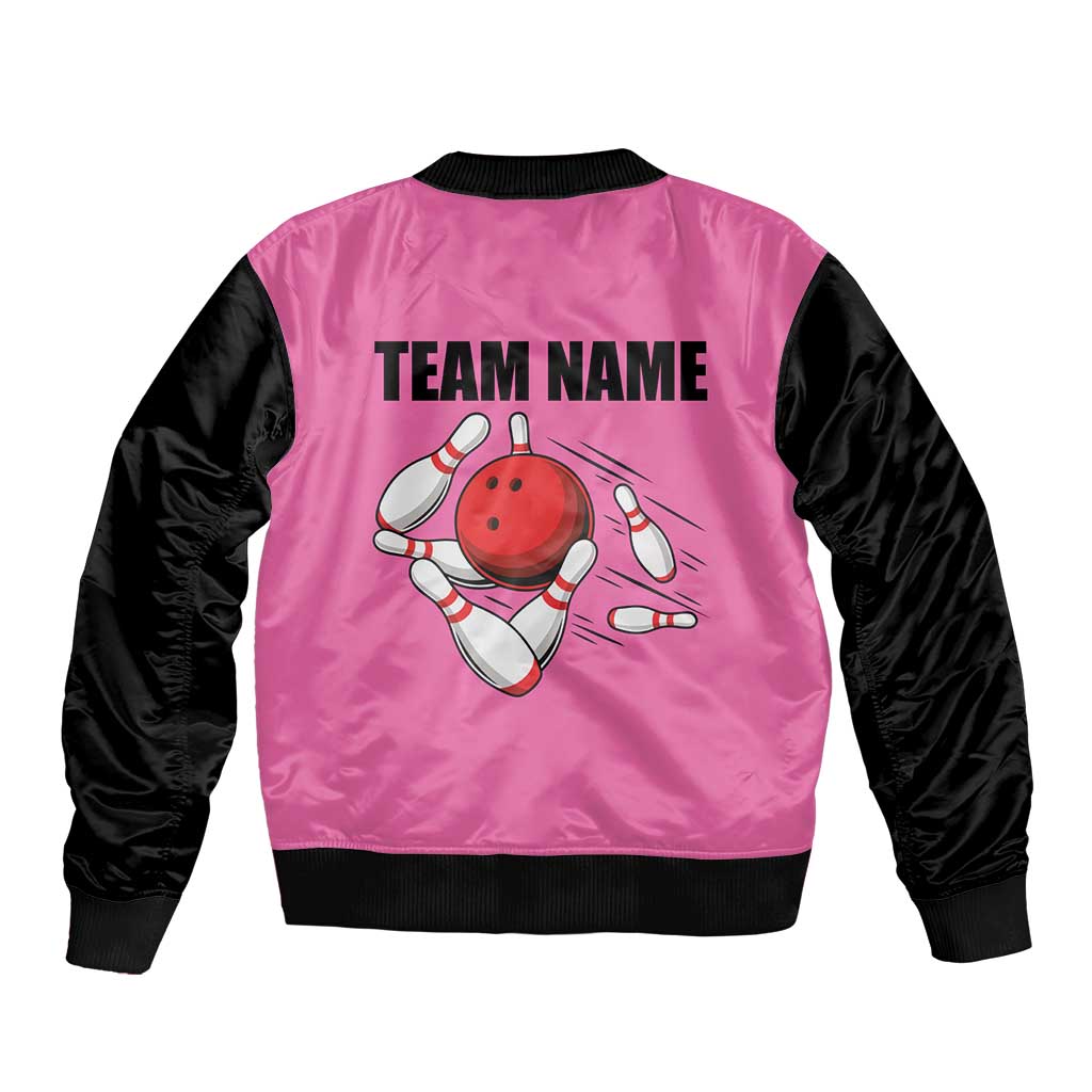 Pink and Black Bowling Sleeve Zip Bomber Jacket Design with Red Ball and Pins and Custom Team Name Graphic - Wonder Print Shop