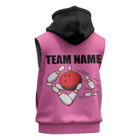 Pink and Black Bowling Sleeveless Hoodie Design with Red Ball and Pins and Custom Team Name Graphic - Wonder Print Shop