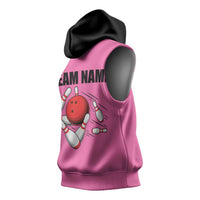 Pink and Black Bowling Sleeveless Hoodie Design with Red Ball and Pins and Custom Team Name Graphic - Wonder Print Shop