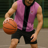 Pink and Black Bowling Sleeveless Hoodie Design with Red Ball and Pins and Custom Team Name Graphic - Wonder Print Shop