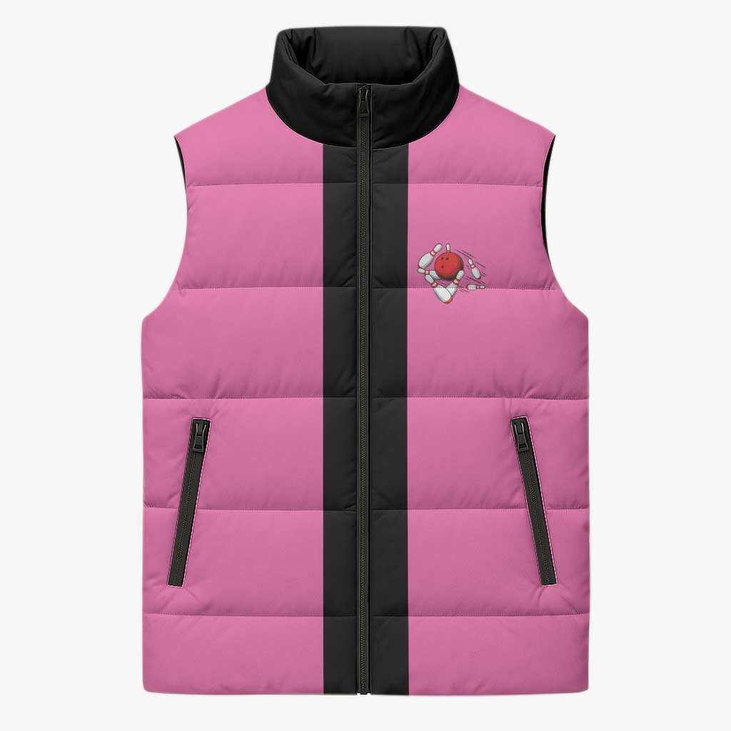 Pink and Black Bowling Sleeveless Puffer Jacket Design with Red Ball and Pins and Custom Team Name Graphic - Wonder Print Shop