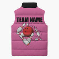Pink and Black Bowling Sleeveless Puffer Jacket Design with Red Ball and Pins and Custom Team Name Graphic - Wonder Print Shop