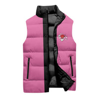 Pink and Black Bowling Sleeveless Puffer Jacket Design with Red Ball and Pins and Custom Team Name Graphic - Wonder Print Shop