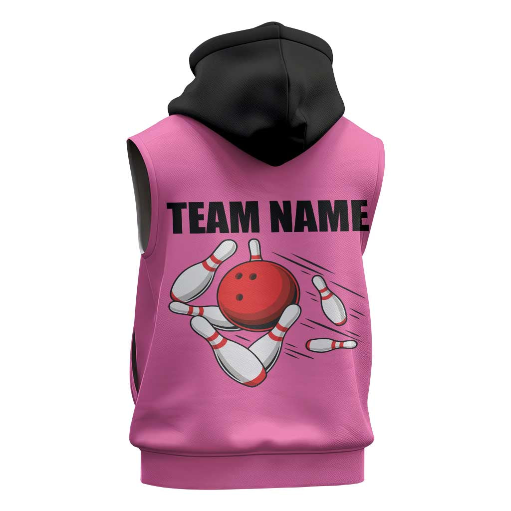 Pink and Black Bowling Sleeveless Zip Hoodie Design with Red Ball and Pins and Custom Team Name Graphic - Wonder Print Shop