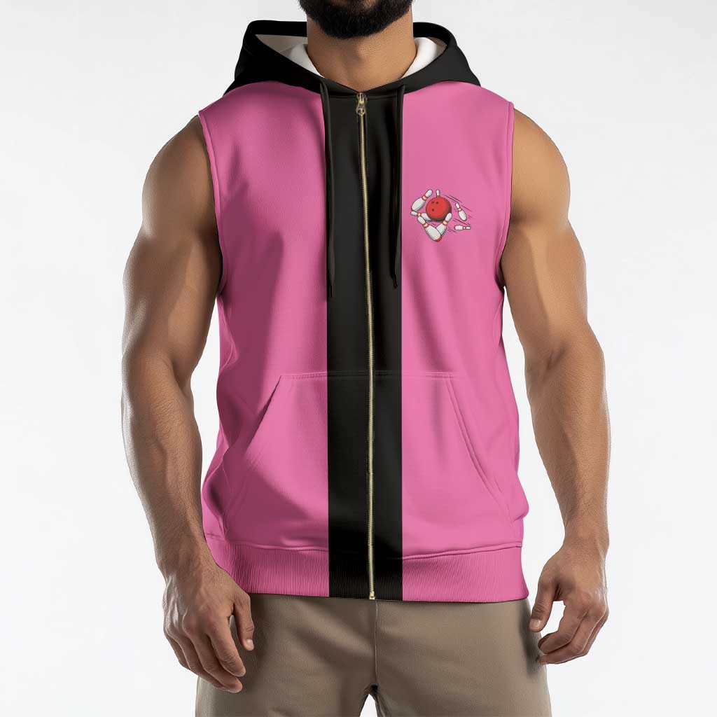Pink and Black Bowling Sleeveless Zip Hoodie Design with Red Ball and Pins and Custom Team Name Graphic - Wonder Print Shop