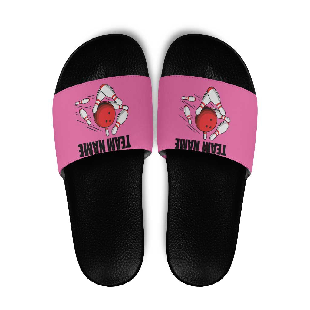 Pink and Black Bowling Slide Sandals Design with Red Ball and Pins and Custom Team Name Graphic - Wonder Print Shop