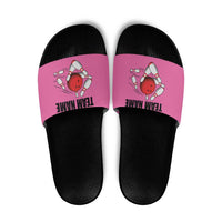 Pink and Black Bowling Slide Sandals Design with Red Ball and Pins and Custom Team Name Graphic - Wonder Print Shop