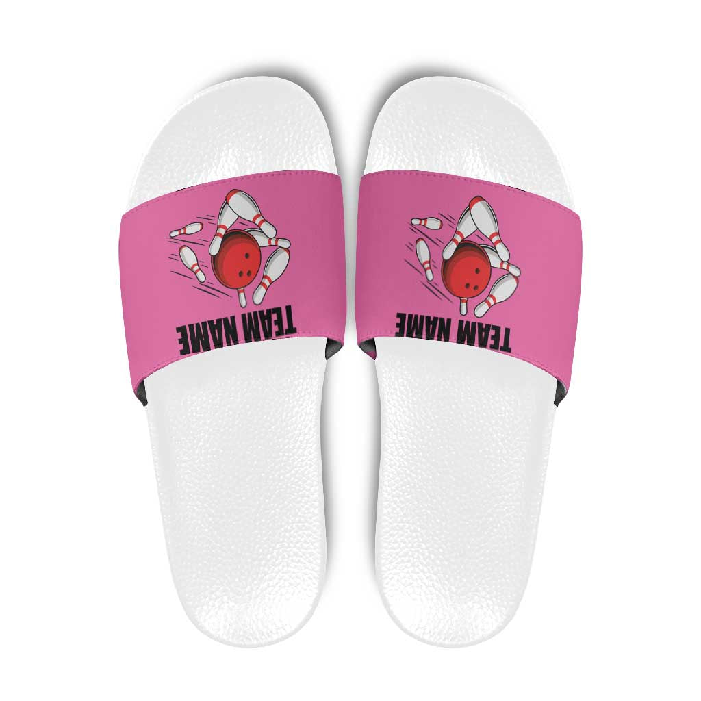 Pink and Black Bowling Slide Sandals Design with Red Ball and Pins and Custom Team Name Graphic - Wonder Print Shop