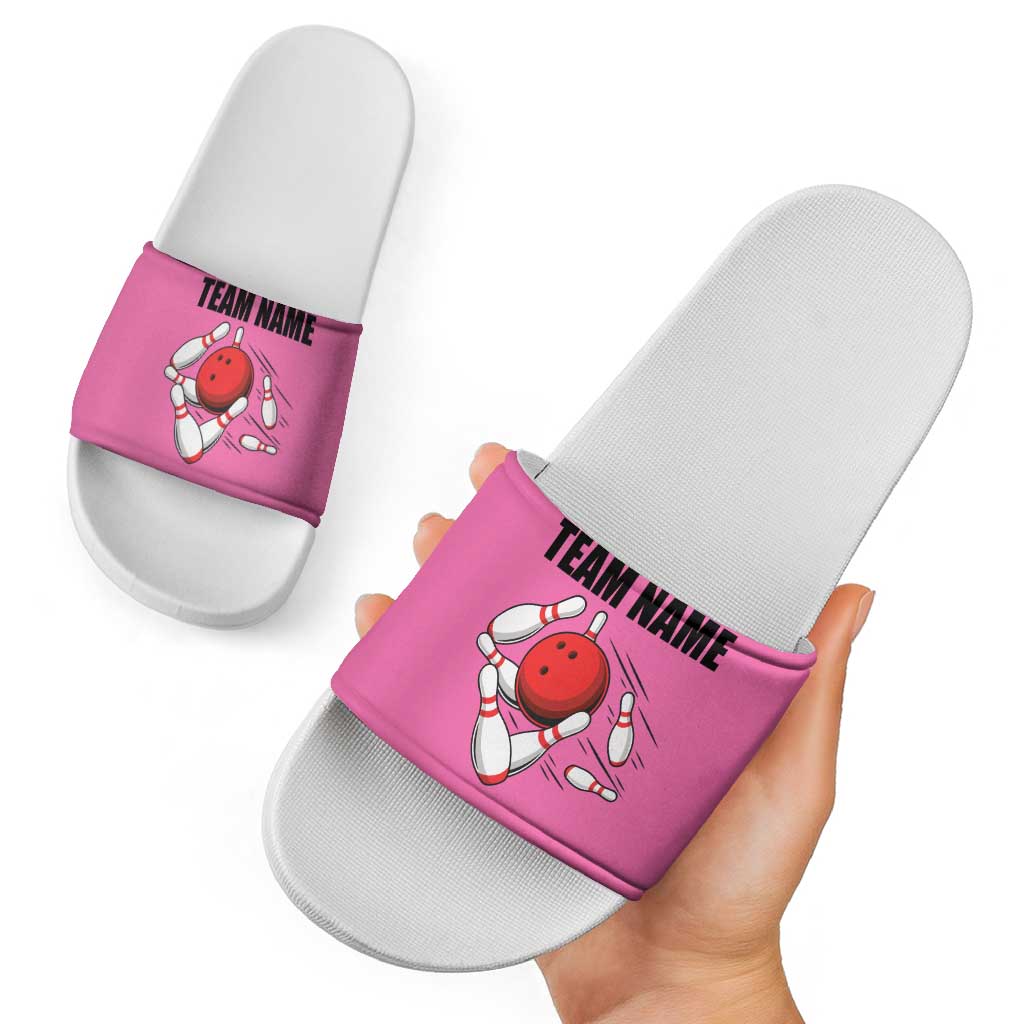 Pink and Black Bowling Slide Sandals Design with Red Ball and Pins and Custom Team Name Graphic - Wonder Print Shop