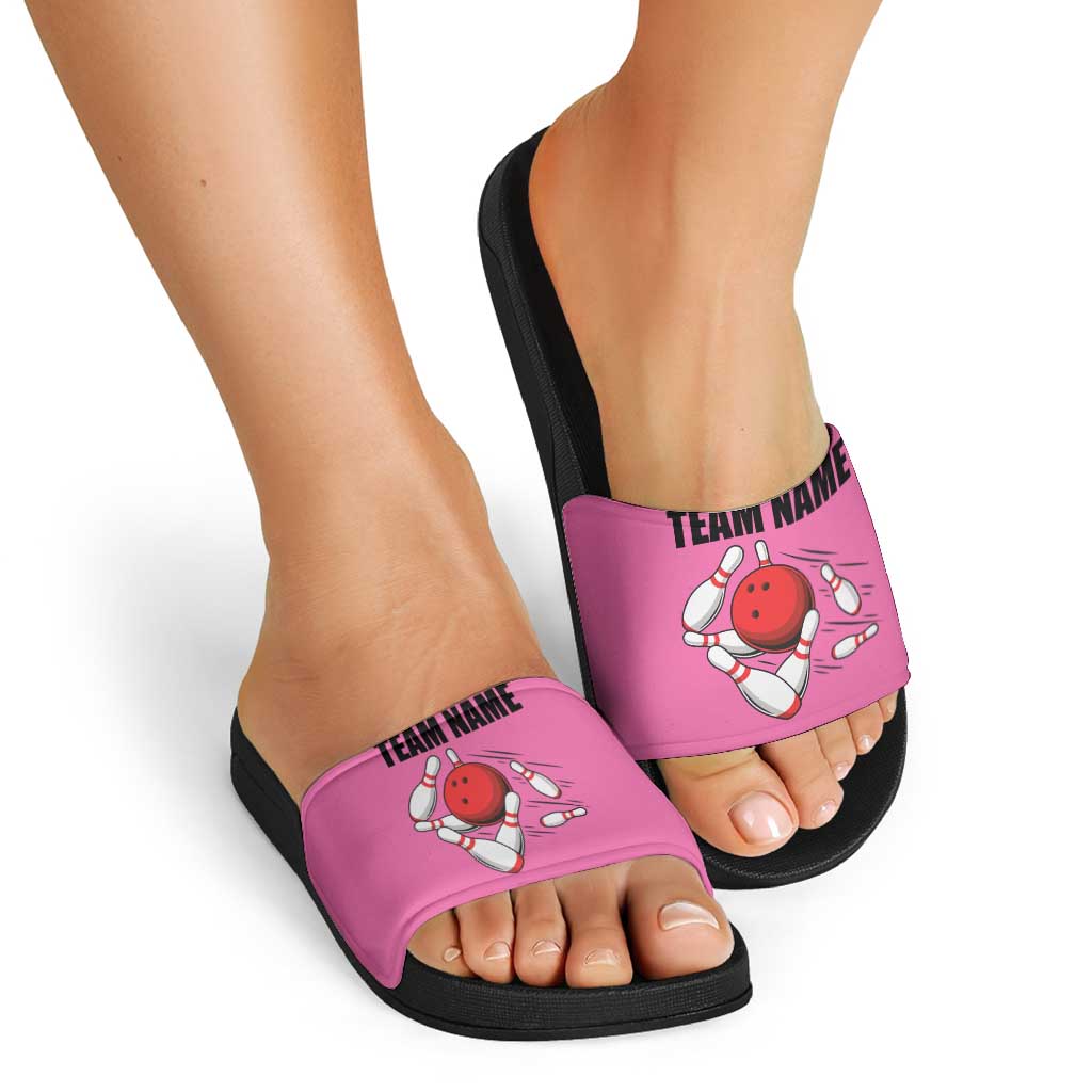 Pink and Black Bowling Slide Sandals Design with Red Ball and Pins and Custom Team Name Graphic - Wonder Print Shop