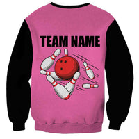 Pink and Black Bowling Sweatshirt Design with Red Ball and Pins and Custom Team Name Graphic - Wonder Print Shop
