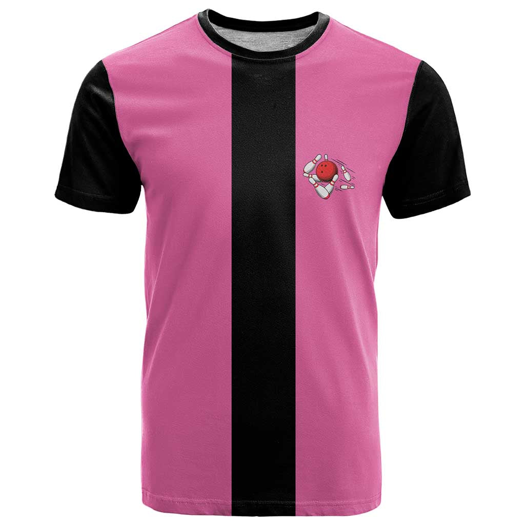 Pink and Black Bowling T Shirt Design with Red Ball and Pins and Custom Team Name Graphic - Wonder Print Shop