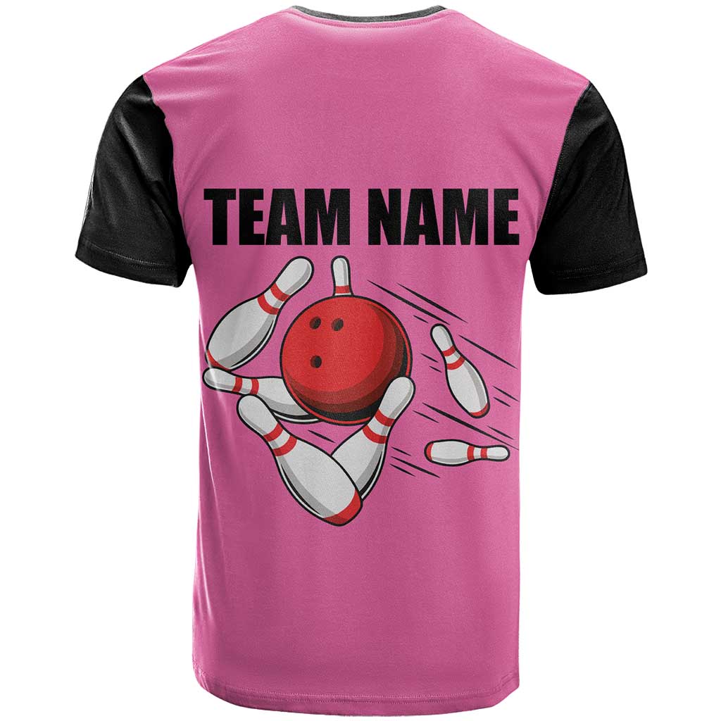 Pink and Black Bowling T Shirt Design with Red Ball and Pins and Custom Team Name Graphic - Wonder Print Shop