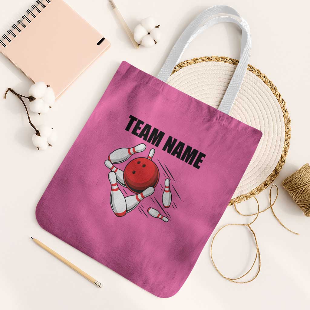 Pink and Black Bowling Tote Bag Design with Red Ball and Pins and Custom Team Name Graphic - Wonder Print Shop