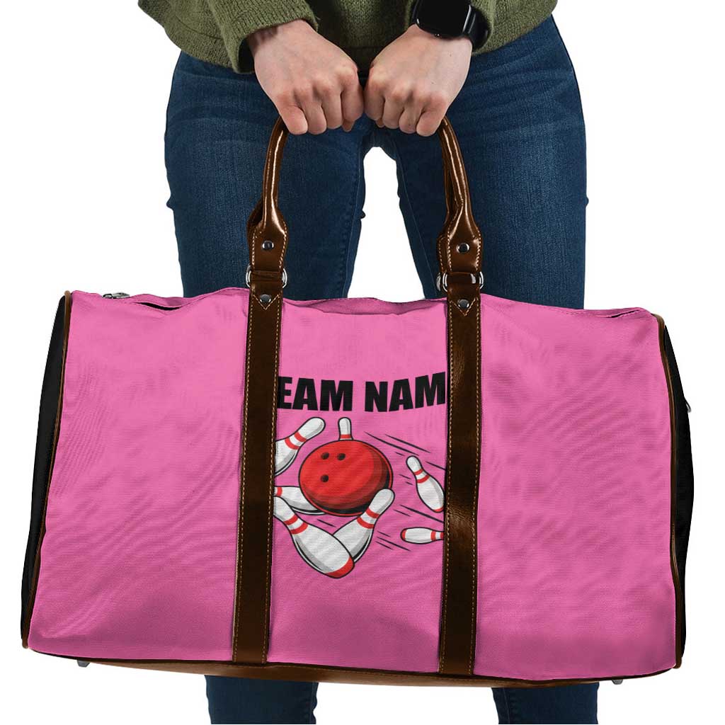 Pink and Black Bowling Travel Bag Design with Red Ball and Pins and Custom Team Name Graphic - Wonder Print Shop