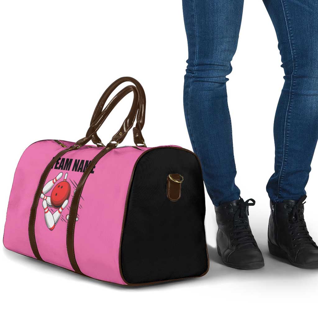 Pink and Black Bowling Travel Bag Design with Red Ball and Pins and Custom Team Name Graphic - Wonder Print Shop