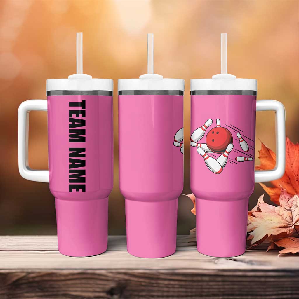Pink and Black Bowling Tumbler With Handle Design with Red Ball and Pins and Custom Team Name Graphic - Wonder Print Shop