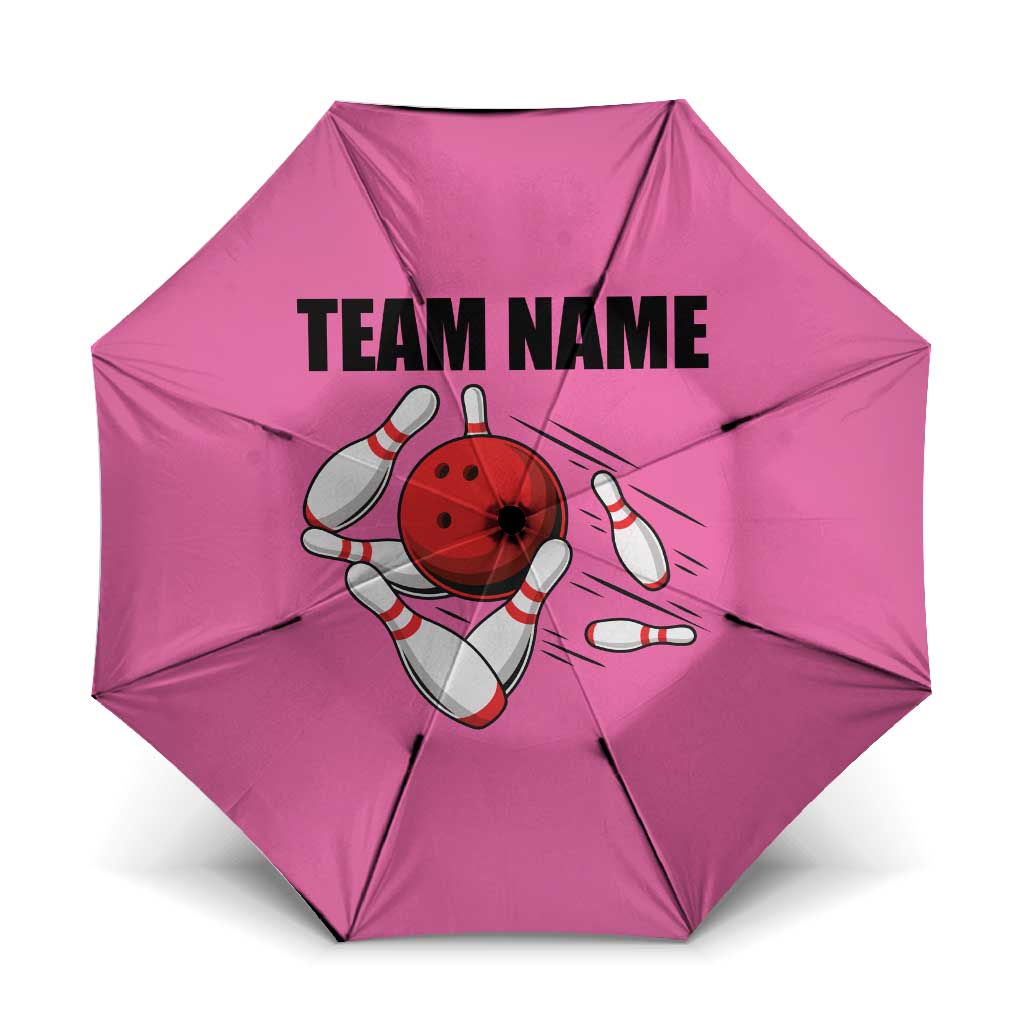 Pink and Black Bowling Umbrella Design with Red Ball and Pins and Custom Team Name Graphic - Wonder Print Shop