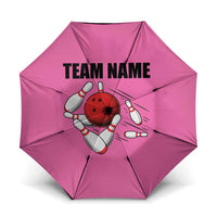 Pink and Black Bowling Umbrella Design with Red Ball and Pins and Custom Team Name Graphic - Wonder Print Shop