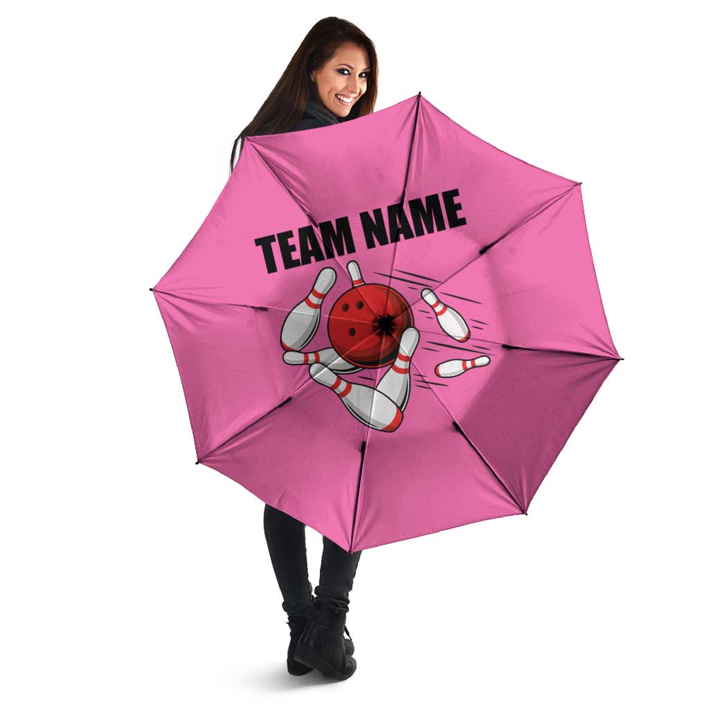 Pink and Black Bowling Umbrella Design with Red Ball and Pins and Custom Team Name Graphic - Wonder Print Shop