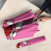 Pink and Black Bowling Umbrella Design with Red Ball and Pins and Custom Team Name Graphic - Wonder Print Shop