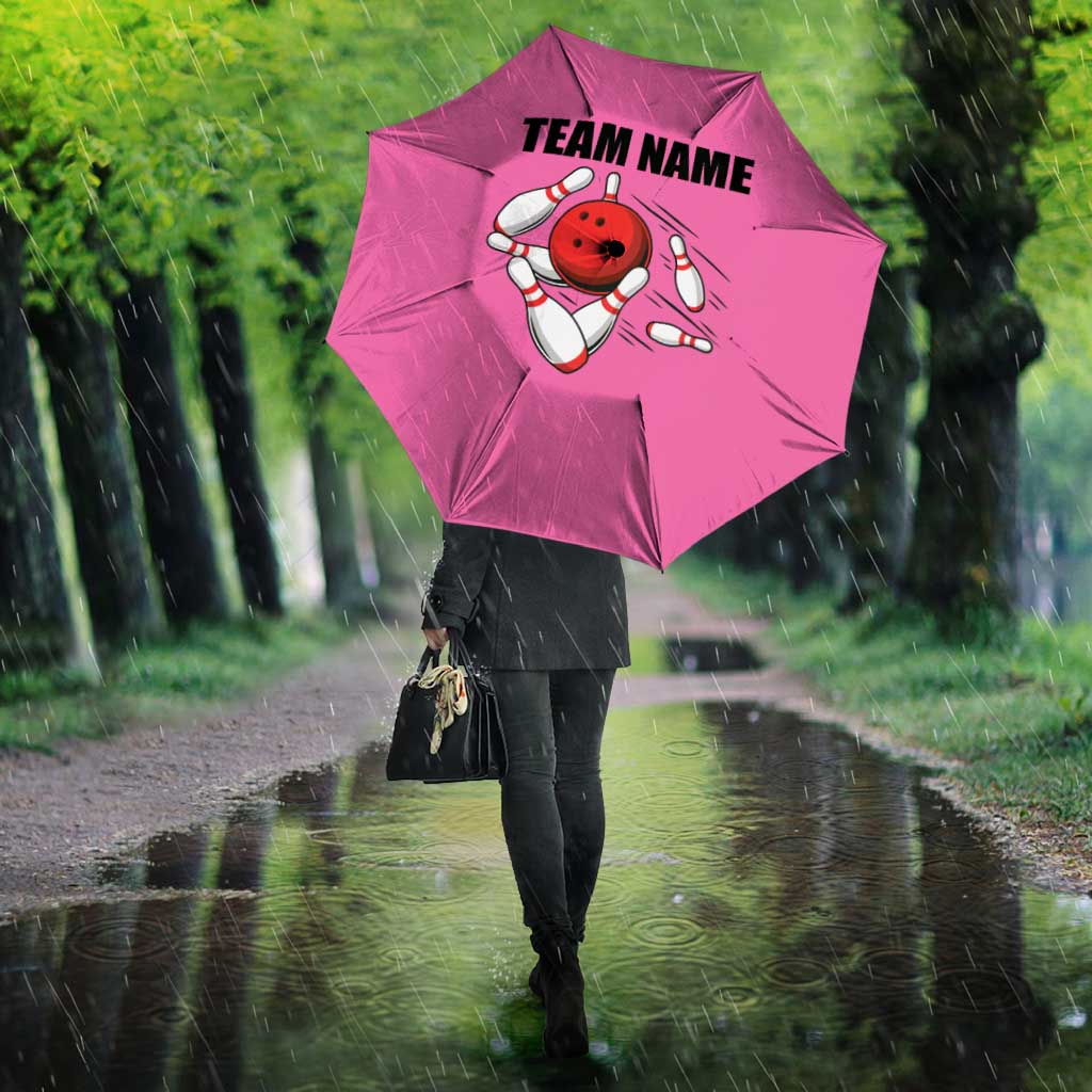 Pink and Black Bowling Umbrella Design with Red Ball and Pins and Custom Team Name Graphic - Wonder Print Shop