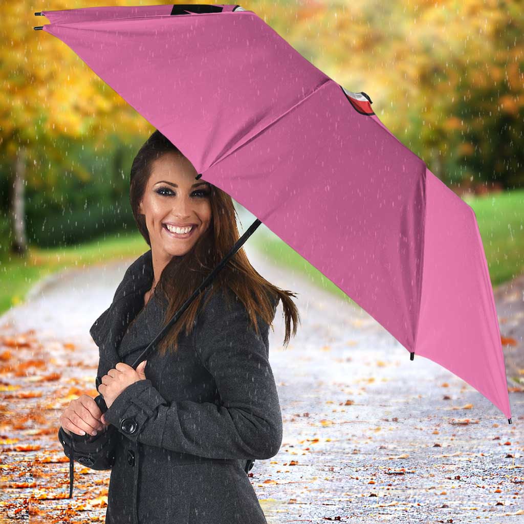 Pink and Black Bowling Umbrella Design with Red Ball and Pins and Custom Team Name Graphic - Wonder Print Shop