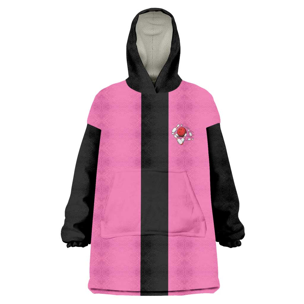 Pink and Black Bowling Wearable Blanket Hoodie Design with Red Ball and Pins and Custom Team Name Graphic - Wonder Print Shop