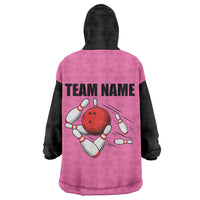 Pink and Black Bowling Wearable Blanket Hoodie Design with Red Ball and Pins and Custom Team Name Graphic - Wonder Print Shop