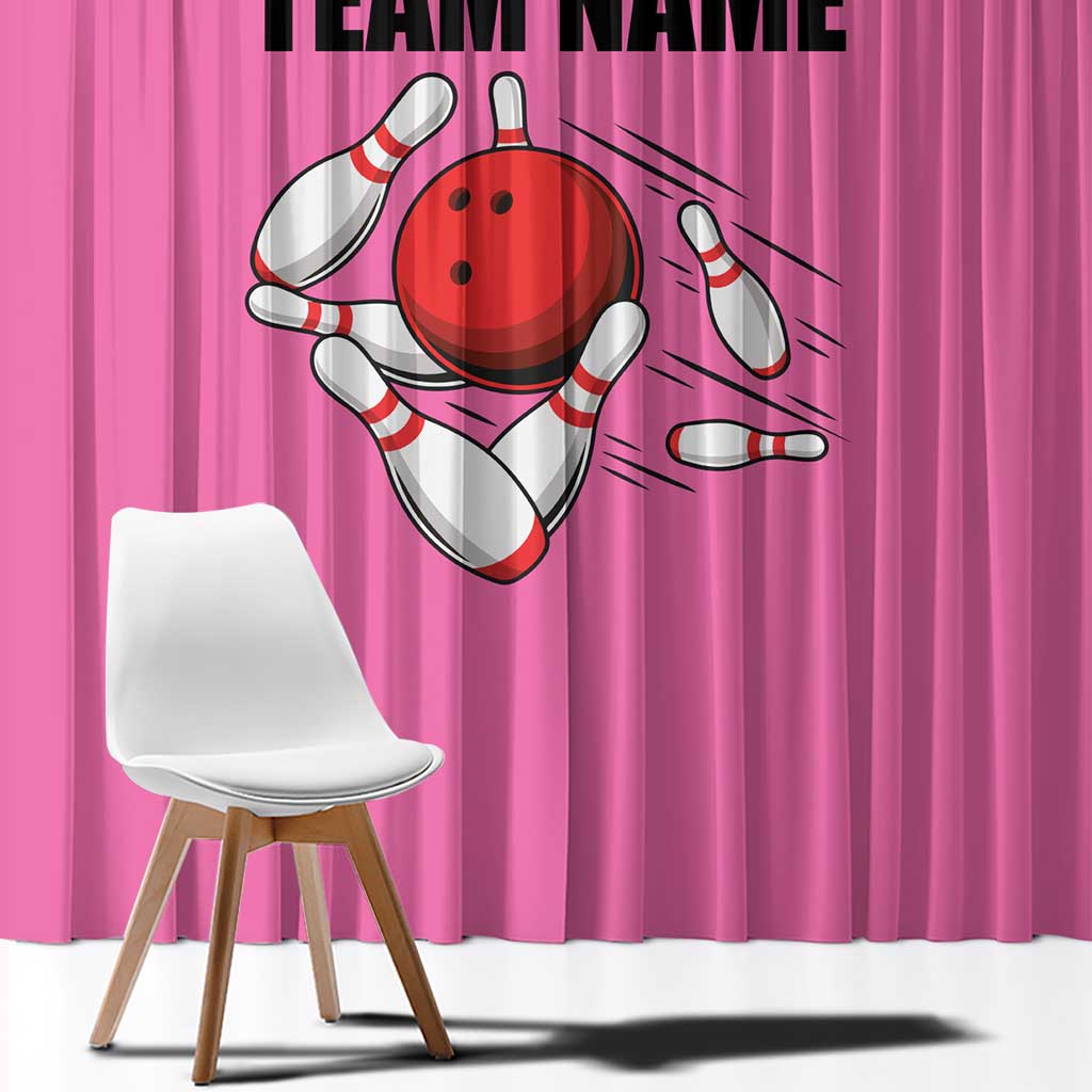 Pink and Black Bowling Window Curtain Design with Red Ball and Pins and Custom Team Name Graphic - Wonder Print Shop