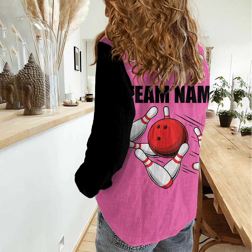 Pink and Black Bowling Women Casual Shirt Design with Red Ball and Pins and Custom Team Name Graphic - Wonder Print Shop
