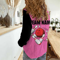 Pink and Black Bowling Women Casual Shirt Design with Red Ball and Pins and Custom Team Name Graphic - Wonder Print Shop