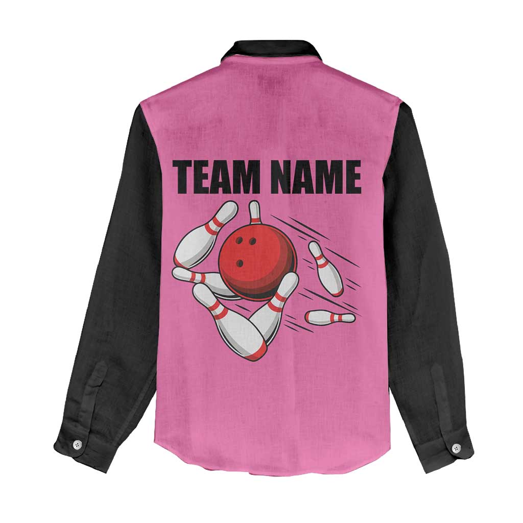 Pink and Black Bowling Women Casual Shirt Design with Red Ball and Pins and Custom Team Name Graphic - Wonder Print Shop