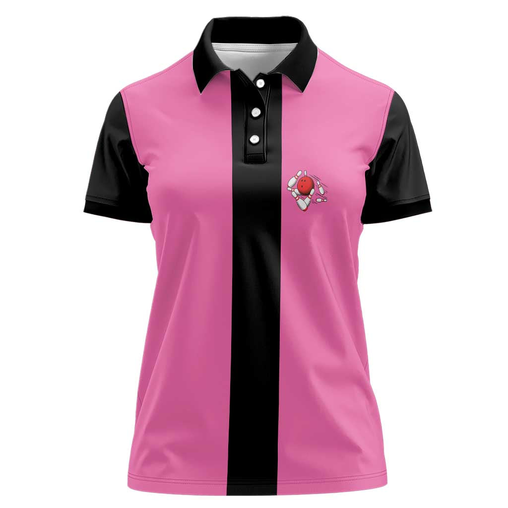 Pink and Black Bowling Women Polo Shirt Design with Red Ball and Pins and Custom Team Name Graphic - Wonder Print Shop