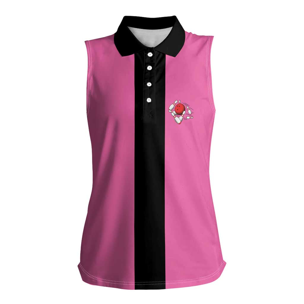 Pink and Black Bowling Women Sleeveless Polo Shirt Design with Red Ball and Pins and Custom Team Name Graphic - Wonder Print Shop