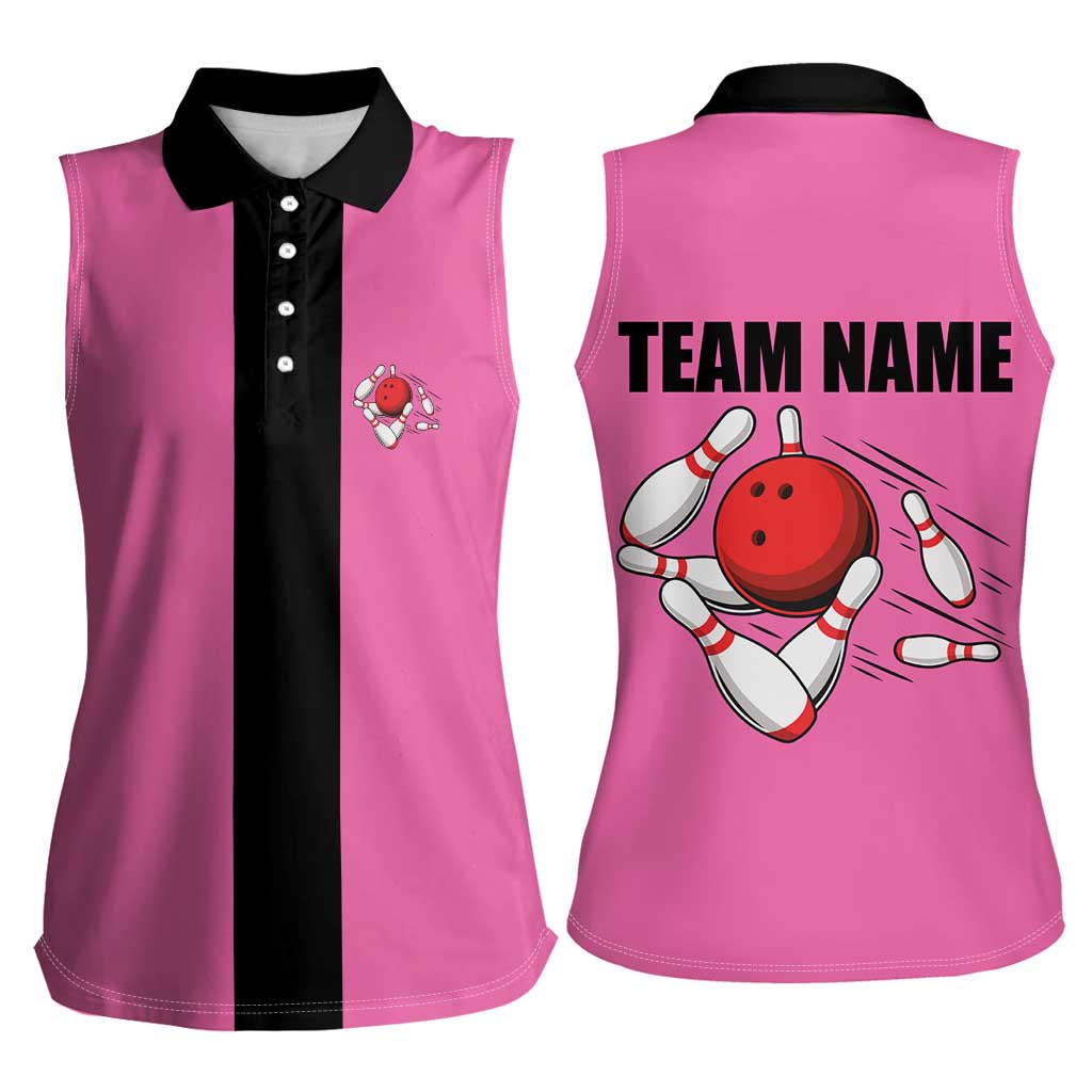 Pink and Black Bowling Women Sleeveless Polo Shirt Design with Red Ball and Pins and Custom Team Name Graphic - Wonder Print Shop