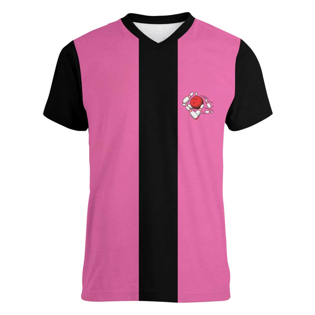 Pink and Black Bowling Women V-Neck T-Shirt Design with Red Ball and Pins and Custom Team Name Graphic - Wonder Print Shop
