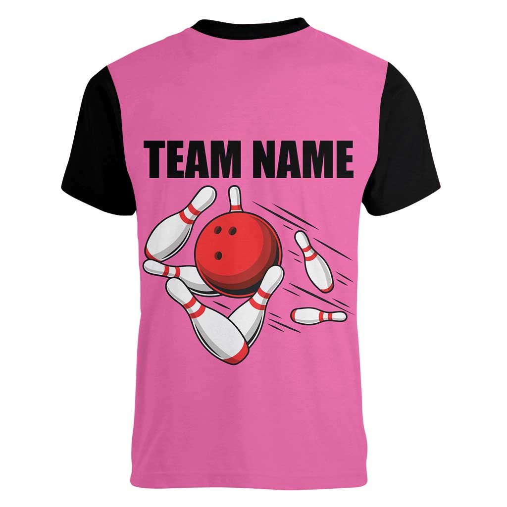 Pink and Black Bowling Women V-Neck T-Shirt Design with Red Ball and Pins and Custom Team Name Graphic - Wonder Print Shop