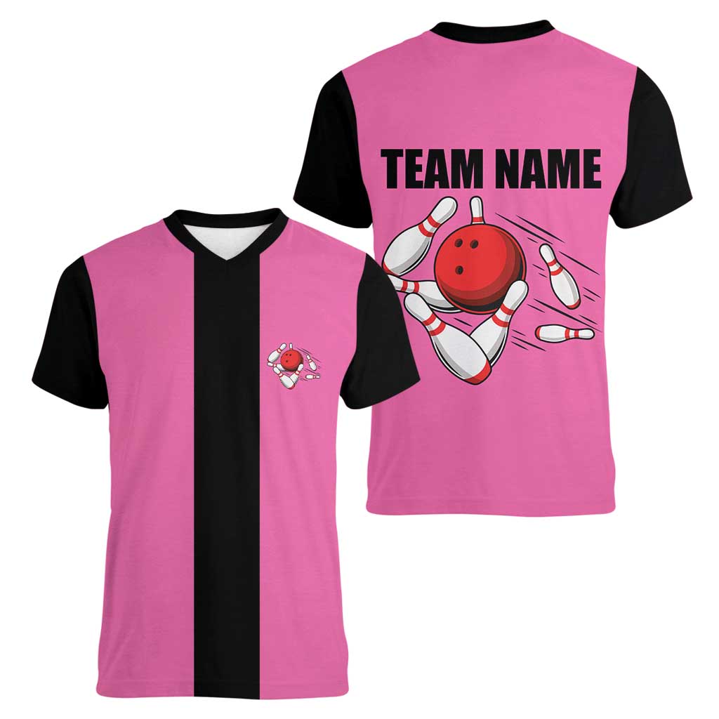 Pink and Black Bowling Women V-Neck T-Shirt Design with Red Ball and Pins and Custom Team Name Graphic - Wonder Print Shop