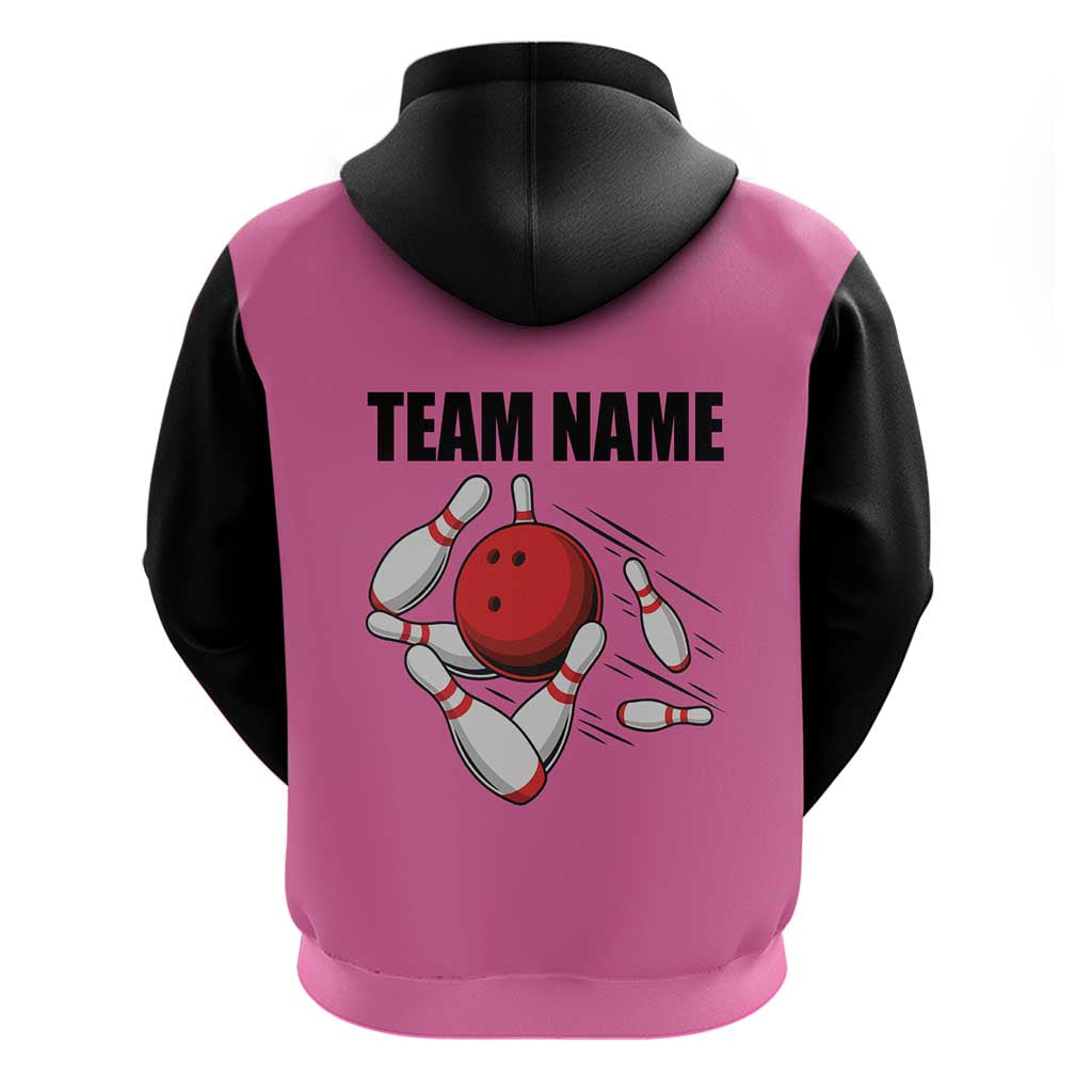 Pink and Black Bowling Zip Hoodie Design with Red Ball and Pins and Custom Team Name Graphic - Wonder Print Shop