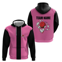 Pink and Black Bowling Zip Hoodie Design with Red Ball and Pins and Custom Team Name Graphic - Wonder Print Shop
