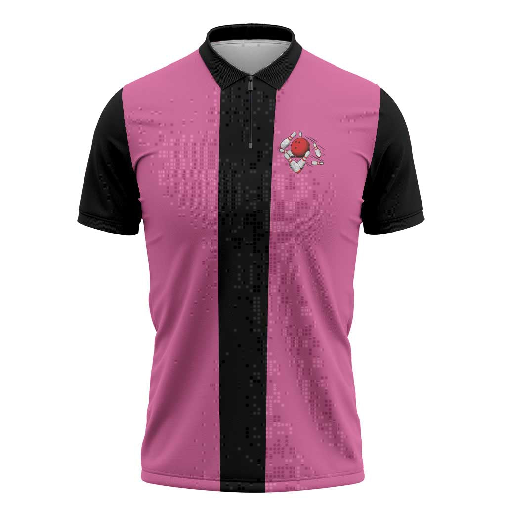 Pink and Black Bowling Zipper Polo Shirt Design with Red Ball and Pins and Custom Team Name Graphic - Wonder Print Shop