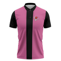 Pink and Black Bowling Zipper Polo Shirt Design with Red Ball and Pins and Custom Team Name Graphic - Wonder Print Shop