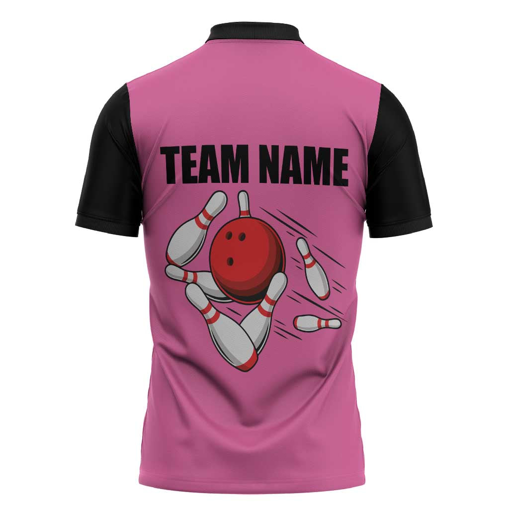 Pink and Black Bowling Zipper Polo Shirt Design with Red Ball and Pins and Custom Team Name Graphic - Wonder Print Shop