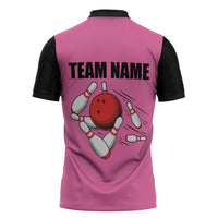 Pink and Black Bowling Zipper Polo Shirt Design with Red Ball and Pins and Custom Team Name Graphic - Wonder Print Shop