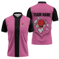 Pink and Black Bowling Zipper Polo Shirt Design with Red Ball and Pins and Custom Team Name Graphic - Wonder Print Shop