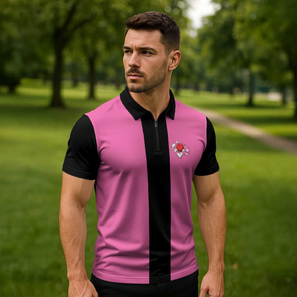Pink and Black Bowling Zipper Polo Shirt Design with Red Ball and Pins and Custom Team Name Graphic - Wonder Print Shop
