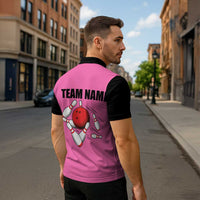Pink and Black Bowling Zipper Polo Shirt Design with Red Ball and Pins and Custom Team Name Graphic - Wonder Print Shop