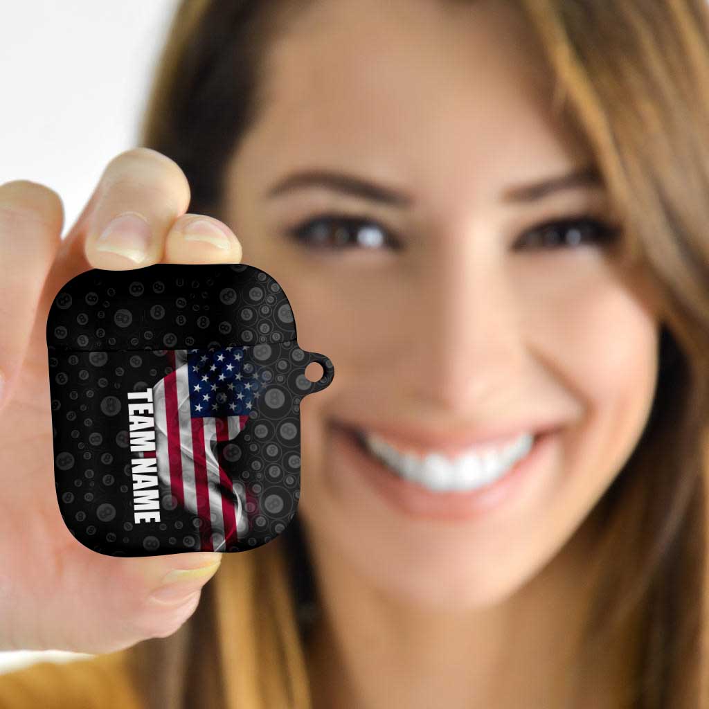 American Flag Bowling Ball and Pins Graphic AirPods Case with Black Patterned Background and Custom Team Name Design - Wonder Print Shop