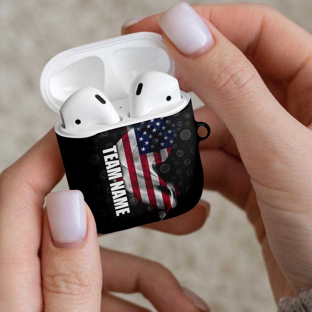 American Flag Bowling Ball and Pins Graphic AirPods Case with Black Patterned Background and Custom Team Name Design - Wonder Print Shop